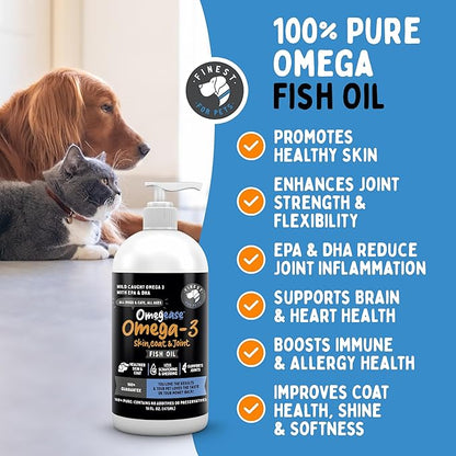 100% Pure Fish Oil for Dogs & Cats (1,545mg Omega 3 per Teaspoon) 32oz. Loaded with EPA & DHA for Joints, Skin & Coat, Itching, Heart & Immune Health. Stronger Than Salmon Oil. Unflavored Omegease.