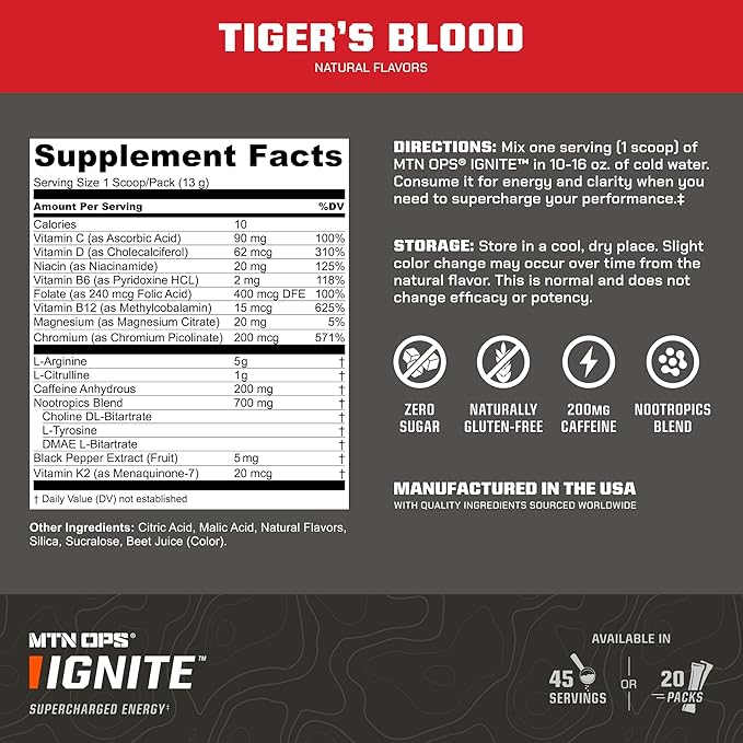 MTN OPS Ignite Sugar Free Energy Drink Powder Trail Packs with 200mg Caffeine, Travel Pre Workout Packets for to-Go Energy, Nootropic Blend, L Arginine & L Citrulline, 20 Servings, Tiger's Blood