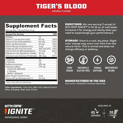 MTN OPS Ignite Sugar Free Energy Drink Powder Trail Packs with 200mg Caffeine, Travel Pre Workout Packets for to-Go Energy, Nootropic Blend, L Arginine & L Citrulline, 20 Servings, Tiger's Blood