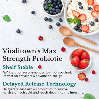 Vitalitown Probiotics 120 Billion CFUs | 36 Strains, with Prebiotics & Digestive Enzymes | Shelf Stable | Digestive Health & Immune Support | Vegan, Non-GMO | Pack of 1 | 60 Delayed Release Veg Caps