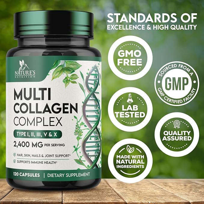 Multi Collagen 2400mg Per Serving - Advanced Formula Types I, II, III, V, X - Hydrolyzed Multi Collagen Pills - Collagen Peptides Supplement for Women & Men - Hair, Skin, & Nail Support - 120 Capsules