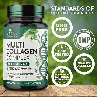 Multi Collagen 2400mg Per Serving - Advanced Formula Types I, II, III, V, X - Hydrolyzed Multi Collagen Pills - Collagen Peptides Supplement for Women & Men - Hair, Skin, & Nail Support - 120 Capsules