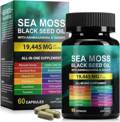 Sea Moss Black Seed Oil Ashwagandha Ginger Capsules, Seamoss Capsules Supplement with Bladderwrack Burdock & Vitamin C Vitamin D3 for Women & Men-Enhanced Immunity,60 Counts