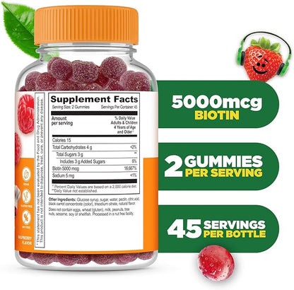 Lifeable Kids Biotin Gummies | 5,000mcg | Great Tasting Natural Flavor Biotin Supplement | Vegan Non GMO Hair Gummies | for Hair Skin and Nails | 90 Gummies