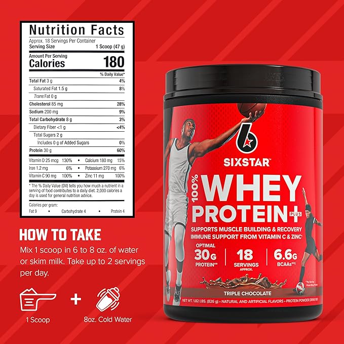 Six Star Whey Protein Powder Whey Protein Plus | Whey Protein Isolate & Peptides | Lean Protein Powder for Muscle Gain | Muscle Builder for Men & Women | Triple Chocolate, 1.82 lbs (826 g)