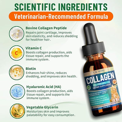 Liquid Collagen for Cats, Cat Collagen Drops with Bovine Collagens, Biotin & Vitamin C, Mobility & Flexibility, Itch Relief, Skin, Coat & Immunity Support, Cat Joint Supplement for Cats