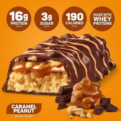 FITCRUNCH Snack Size Protein Bars, 6-Layer Baked Bar, 3g of Sugar, Gluten Free & Soft Cake Core (9 Bars, Caramel Peanut)
