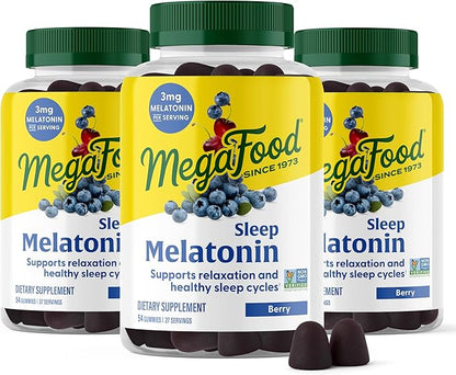 MegaFood Melatonin Gummies - Melatonin 3mg per Serving to Help Relax & Fall Asleep – Sleep Gummies for Adults - Berry Flavor, Non-GMO, Certified Vegan - 54 Count (27 Servings) 3 Pack