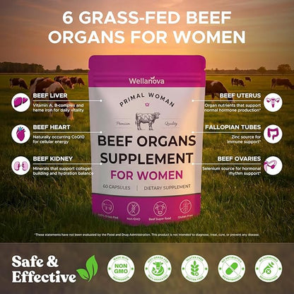 Primal Beef Organ Supplement for Women, Grass-Fed Ancestral Superfood Supplement with Uterus & Liver for Hormone Balance & Queen Energy - 60 Day Supply