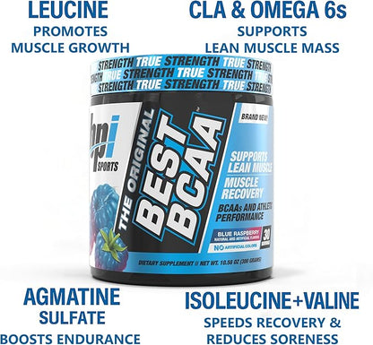 BPI Sports Best BCAA - BCAA Powder - Branched Chain Amino Acids - Muscle Recovery - Muscle Protein Synthesis - Improved Performance – Hydration – Blue Raspberry - 60 Servings - 21.12 Oz