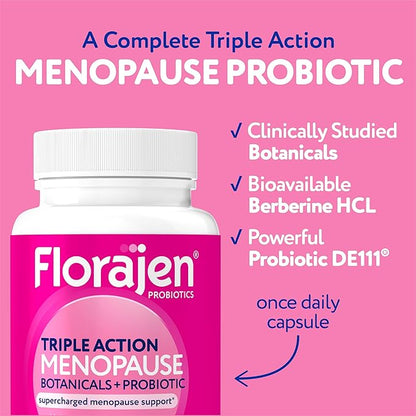 Florajen Triple-Action Menopause Probiotic - Hormonal Balance, Hot Flash, & Mood Swing Relief - Weight Management & Digestive Support - Featuring Berberine, Black Cohosh, & Botanical - 30 Capsules