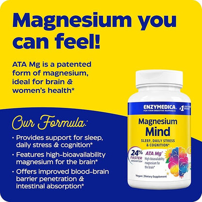 Enzymedica, Magnesium Mind with ATA Mg, 24% Faster Absorption, High-Bioavailability Magnesium for Sleep, Stress & Cognition, 60 Count