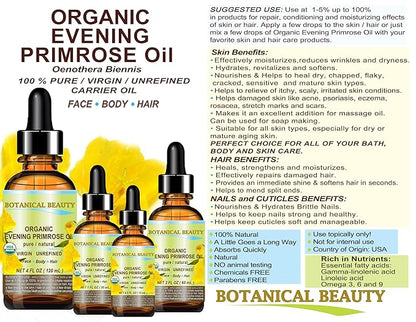 Botanical Beauty Organic EVENING PRIMROSE OIL 100% Pure Natural Undiluted Unrefined Virgin Cold Pressed Carrier Oil for face, skin, hair, nails (1 Fl Oz 30 ml)