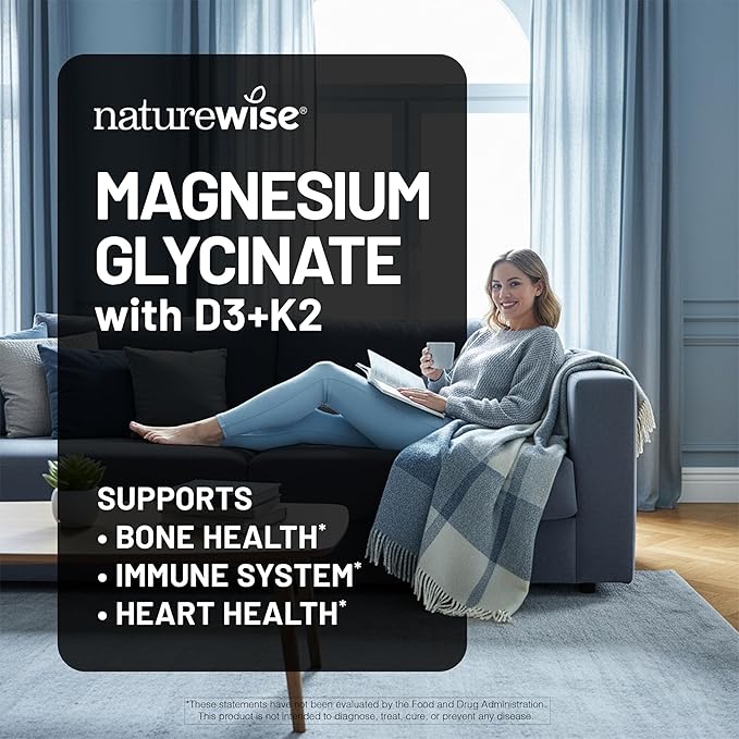 NatureWise Magnesium Glycinate 550mg + High-Dose 10000 IU Vitamin D3 K2 100 mcg - D3 K2 Magnesium Supplement - Chelated for High Absorption - Bone Support - Non-GMO, USA Manufactured - [30-Day Supply]