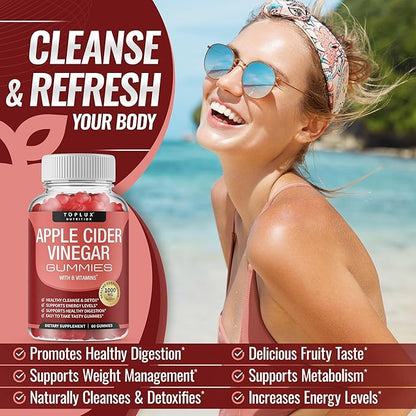 Toplux Apple Cider Vinegar Gummies - 1000mg ACV with B12, Beet Root, Pomegranate for Immune System, Detox & Cleanse, Gummy Alternative to Apple Cider Vinegar Capsules, for Men Women, 60 Gummies