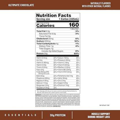 SlimFast Essentials 30g Protein Shake Chocolate, Protein Shakes Ready to Drink, Muscle Support, 1g Sugar, 25 Vitamins and Minerals, 3g Net Carbs, Ultimate Chocolate, 12 Count