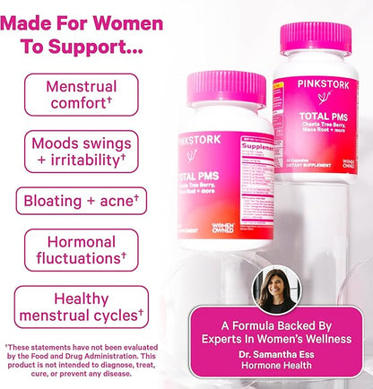 Pink Stork PMS Supplement for Women - Vitex, Ashwagandha, Maca Root & 10 Vitamins & Minerals to Support Hormone Balance, Mood, Bloating, Period Regularity - 60 Capsules