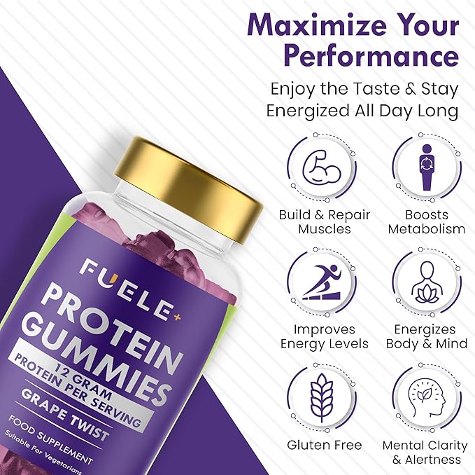 Protein Gummies – 12g High Protein Snack, Grape Twist Flavor, No Added Sugar, Whey Protein Gummies, Supports Muscle Recovery, Post Workout Supplement (60 Gummies)