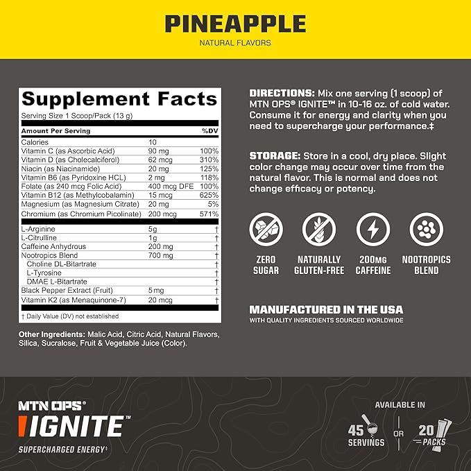 MTN OPS Ignite Sugar Free Energy Drink Powder with 200mg Caffeine, Nootropic Blend for Energy, Focus & Endurance, L Arginine & L Citrulline Pre Workout, 45 Servings, Pineapple