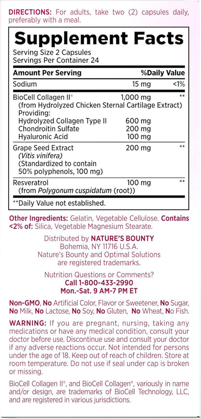 Nature's Bounty Optimal Solutions Ultra Collagen Booster for Healthy-Aging Supplement, Resveratrol, Hyaluronic Acid – Collagen Capsules for Women, 48 Capsules (Pack of 2)