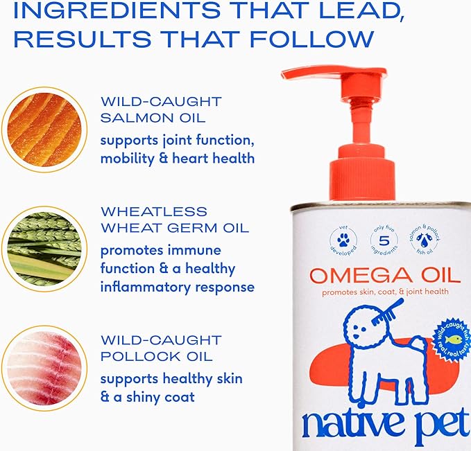 Native Pet Omega 3 Fish Oil for Dogs & Cats – Wild Alaskan Salmon Oil for Dogs Skin and Coat, Supports Joints, Heart & Shedding – Fast-Absorbing Omega 3 6 9 Liquid Supplement – 32oz