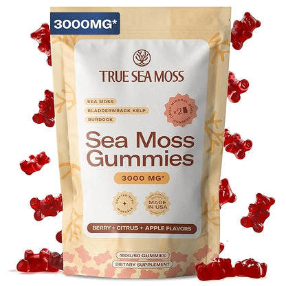 TrueSeaMoss Gummies 3000mg – Irish Sea Moss with Bladderwrack & Burdock Root – 3-in-1 Formula – Fruity Flavor – 60 Gummies