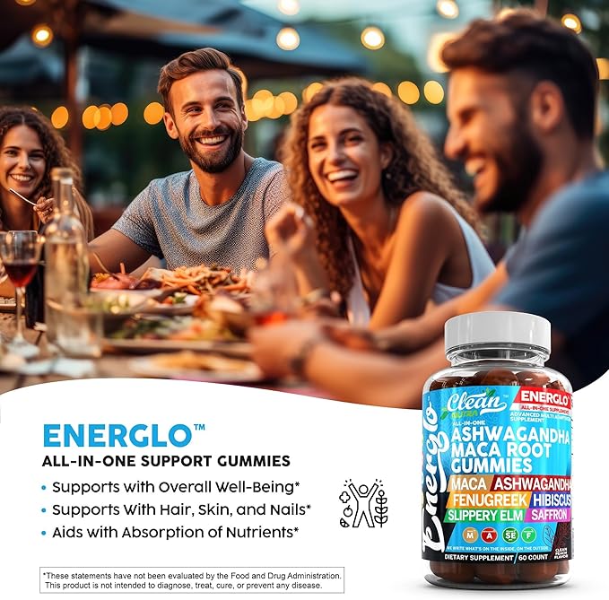 Ashwagandha Maca Root Gummies with Fenugreek Hibiscus Slippery Elm Saffron Extract & Beta Carotene | Peach Flavor Vegan Gummy Vitamins Adaptogen Cortisol Supplement Energlo by Clean Nutra (2)