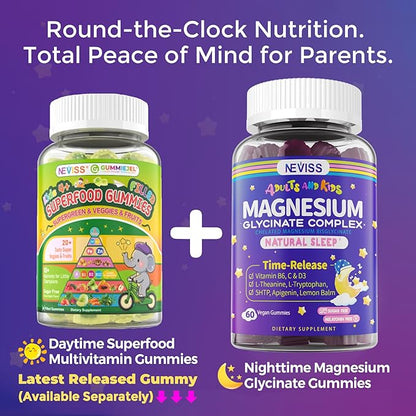 Magnesium Glycinate Gummies for Adults & Kids 4+, Sugar Free Magnesium Bisglycinate Supplement 400/200mg with B6D3, 5HTP, L-Theanine for Sleep & Relaxation, Brain, Muscle, Melatonin Free Gummies,2Pack