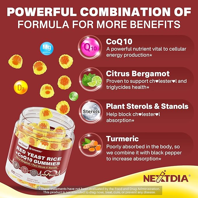 Red Yeast Rice Gummies 2400MG with CoQ10, Suagr Free Balanced Chṏlesterṏl Supplements Plus Citrus Bergamot, Plant Sterols & Stanols Supports Vḁsculḁr Health, Energy, Immunity for Age 50+,Vegan,60 Cts