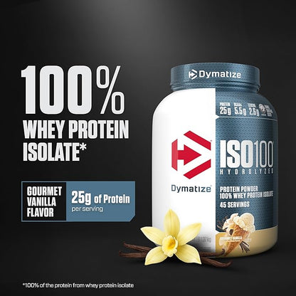 Dymatize ISO100 Whey Protein Powder Isolate, Vanilla, 25g of Protein, 3 Pound, 5.5g BCAAs, Less Than 120 Cal., Gluten Free, 1g Fat, 1g Sugar, 2g Carb (45 Servings)