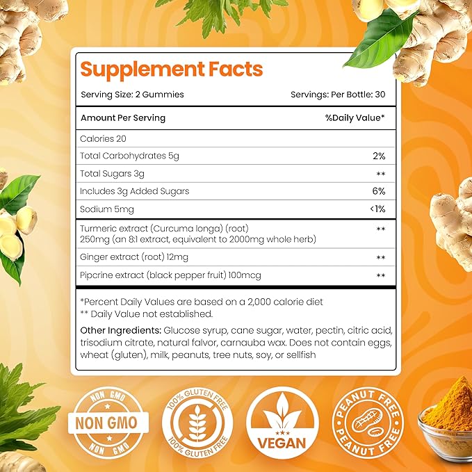 Curcumin Turmeric Gummies – Extra Strength 2000mg Turmeric and Ginger Supplement Gummies with Black Pepper – Vegan and Non-GMO, Peach Flavor - Pack of 2
