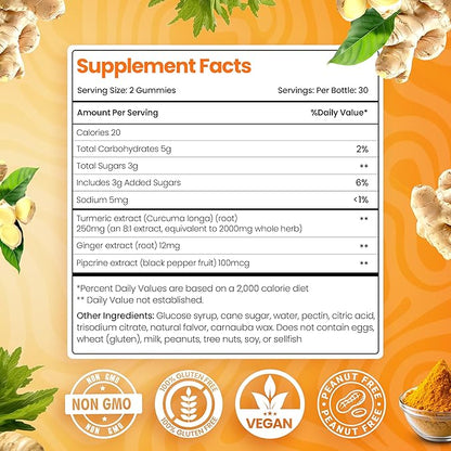 Curcumin Turmeric Gummies – Extra Strength 2000mg Turmeric and Ginger Supplement Gummies with Black Pepper – Vegan and Non-GMO, Peach Flavor - Pack of 2