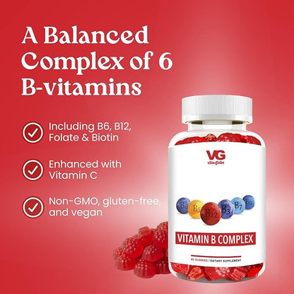 VITA GLOBE B Complex Gummy Vitamins – Strawberry Flavor with Vitamin C, Niacin, B6, B12 & Biotin | Daily Supplement for Energy, Metabolism & Cognitive Support | 60 Gummies (Pack of 1)