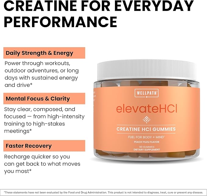 WellPath Creatine HCl Gummies 750mg – Chewable Creatine Gummies for Women and Men – 5g Monohydrate Equivalent - Peach Yuzu Tart Flavor, Real Sugar - Cognitive & Performance Support – Non-GMO, 90ct