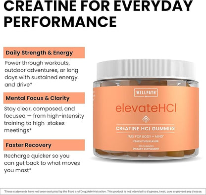 WellPath Creatine HCl Gummies 750mg – Chewable Creatine Gummies for Women and Men – 5g Monohydrate Equivalent - Peach Yuzu Tart Flavor, Real Sugar - Cognitive & Performance Support – Non-GMO, 90ct