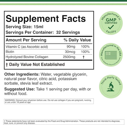 Double Wood Supplements Premium Liquid Collagen - 2500mg of Hydrolyzed Bovine Collagen (Type 1, 3 and Grassfed) - 32 Servings - for Women and Men - 30 mcg of Biotin - Sugar Free Pear Flavor