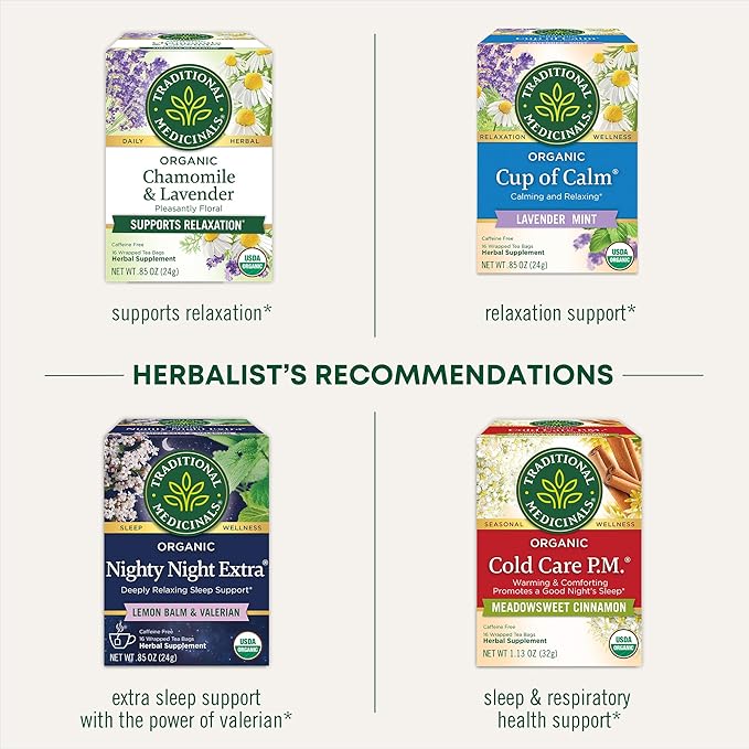 Traditional Medicinals Organic, Nighty Night Tea, Chamomile & Passionflower - Herbal Sleep Aid Teas - Kosher, Non-GMO, Caffeine-Free, Compostable - 16 Tea Bags