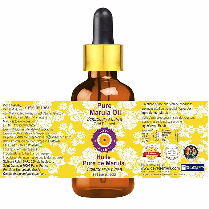Deve Herbes Pure Marula Oil (Sclerocarya birrea) with Glass Dropper Cold Pressed 10ml (0.33 oz)