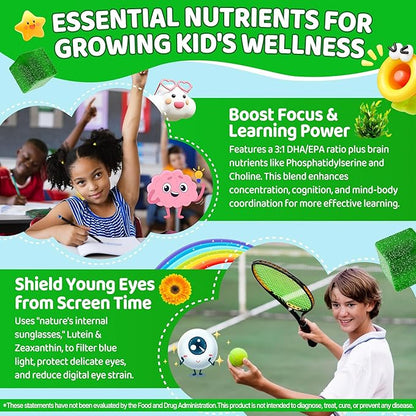 Kids Super Greens Gummies, w/Multivitamins, 20+ Veggie Fruit, Prebiotics, Calcium, Omega-3 (DHA/EPA), Kids Vitamins Greens Superfood Gummies for Picky Eaters Growth, Energy, Immune, Digestion, 1 Pack