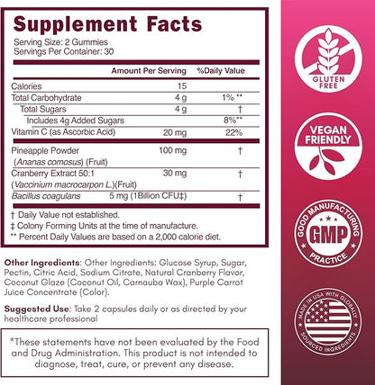 SOON+ Feminine Balance Gummies for Women, V-Sync Pineapple Probiotics for pH Balance Support * Vaginal, Urinary, Immune, Digestive Wellness * with Bacillus Coagulans, Cranberry, Vitamin C, 60 Gummies