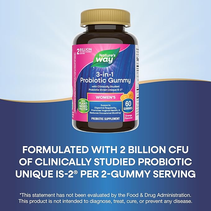 Nature’s Way 3-in-1 Women’s Probiotic Gummies, Reduces Occasional Bloating*, Supports Digestive & Vaginal Health*, Clinically Studied Probiotic Strain, Gluten Free, Orange Flavored, 60 Gummies