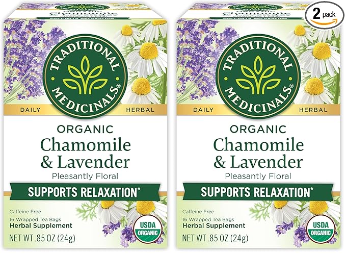 Traditional Medicinals Organic, Chamomile & Lavender - Chamomile Tea Supporting Stress Relief and Relaxation - Kosher, Non-GMO, Caffeine-Free, Compostable - 16 Tea Bags (Pack of 2)