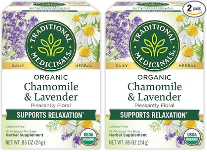Traditional Medicinals Organic, Chamomile & Lavender - Chamomile Tea Supporting Stress Relief and Relaxation - Kosher, Non-GMO, Caffeine-Free, Compostable - 16 Tea Bags (Pack of 2)