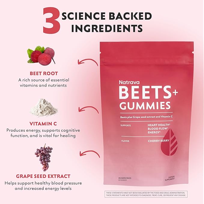 Natrava Beets+ Gummies - Premium Beet Root Powder, Grape Seed Extract and Vitamin C - Supports Healthy Blood Pressure and Heart Health - Low Sugar Nitric Oxide and Circulation Supplement - 50 Gummies