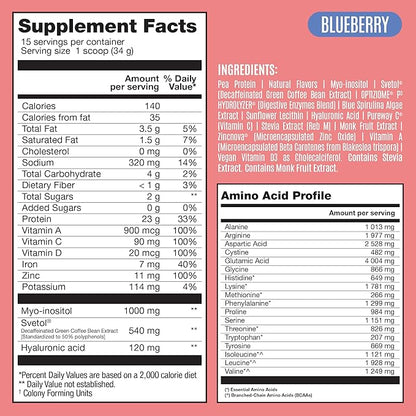 BIRDMAN Fitmingo Vegan Protein Powder with Inositol, Collagen Boosters, Hyaluronic Acid and Vitamins | Low Carb, Dairy Free, Low Calorie | 23g Plant Based Blueberry Protein Powder with Myo-Inositol