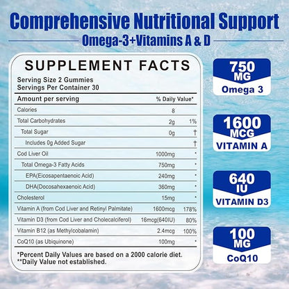 Cod Liver Oil 1000mg Gummies for Adults & Kids, with Vitamin A & D3 - Omega 3 Fish Oil Supplement - DHA 360mg & EPA 240mg for Brain, Bone, Eye & Immune Health, Sugar Free, 120 Count