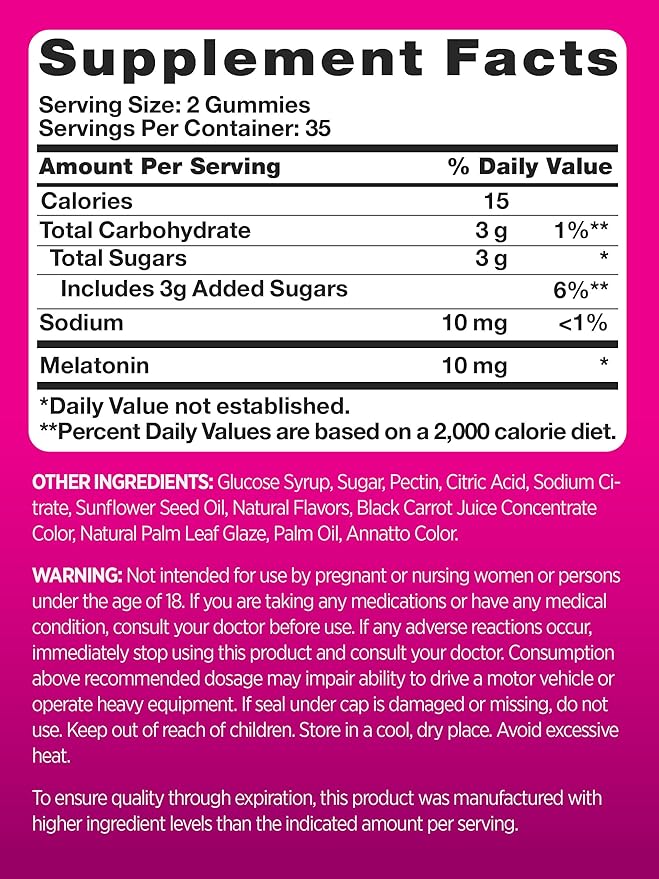 PINK Melatonin Gummies 10mg | Max Potency | Mixed Berry Flavor | Vegan, Non-GMO & Gluten Free Supplement