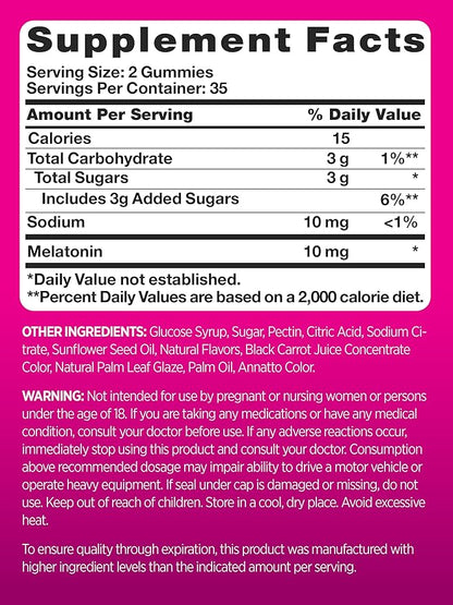 PINK Melatonin Gummies 10mg | Max Potency | Mixed Berry Flavor | Vegan, Non-GMO & Gluten Free Supplement