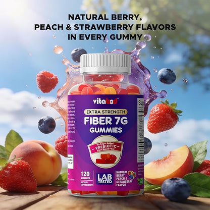 Vitabod Fiber Gummies 7G Per Serving for Digestive Health & Regularity, Prebiotic GOFOS™ Plant-Based Fiber, No Sugar Added, Vegan, Berry Peach Strawberry, 120 Gummies (Adults, Women & Men)