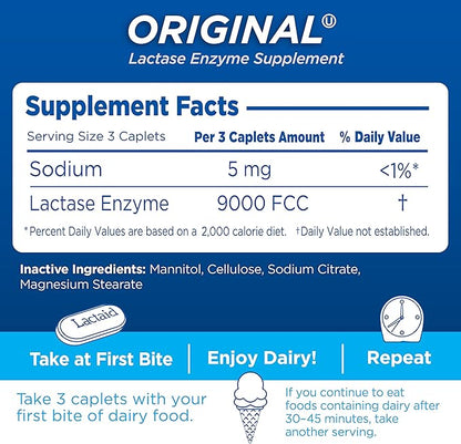 Lactaid Original Strength Lactose Intolerance Pills, 9000 FCC Natural Lactase Enzyme Dairy Relief Caplets, Helps Prevent Gas, Bloating & Diarrhea Due to Lactose Sensitivity in Adults & Kids, 120 Count
